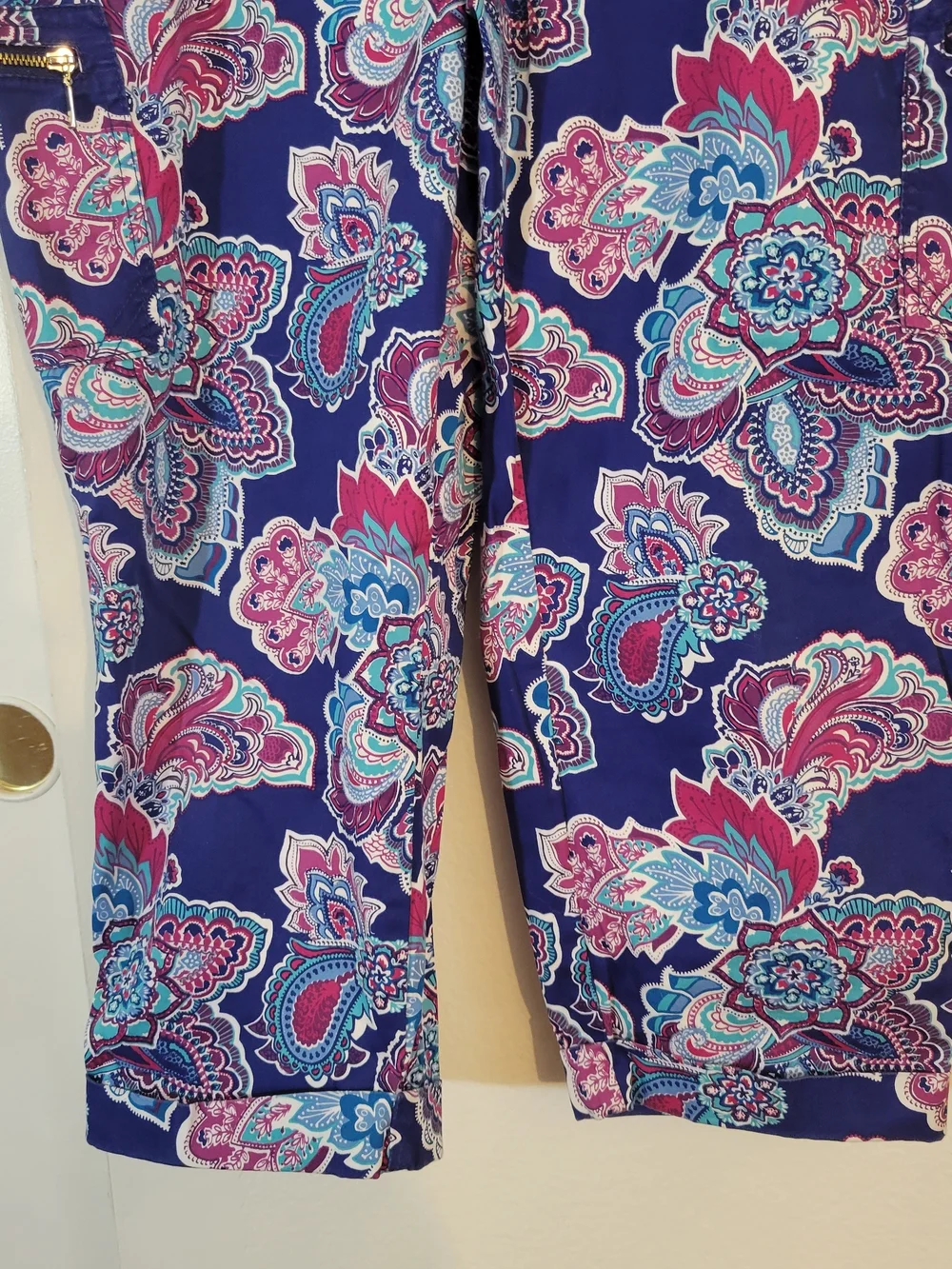 Chico's Navy Paisley Capri Pants with Pink & Light Blue Accents